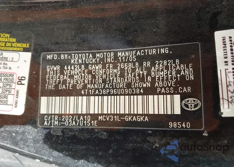 2006 Toyota Camry Solara Sle из США, поврежденный, VIN 4T1FA38P96U090384